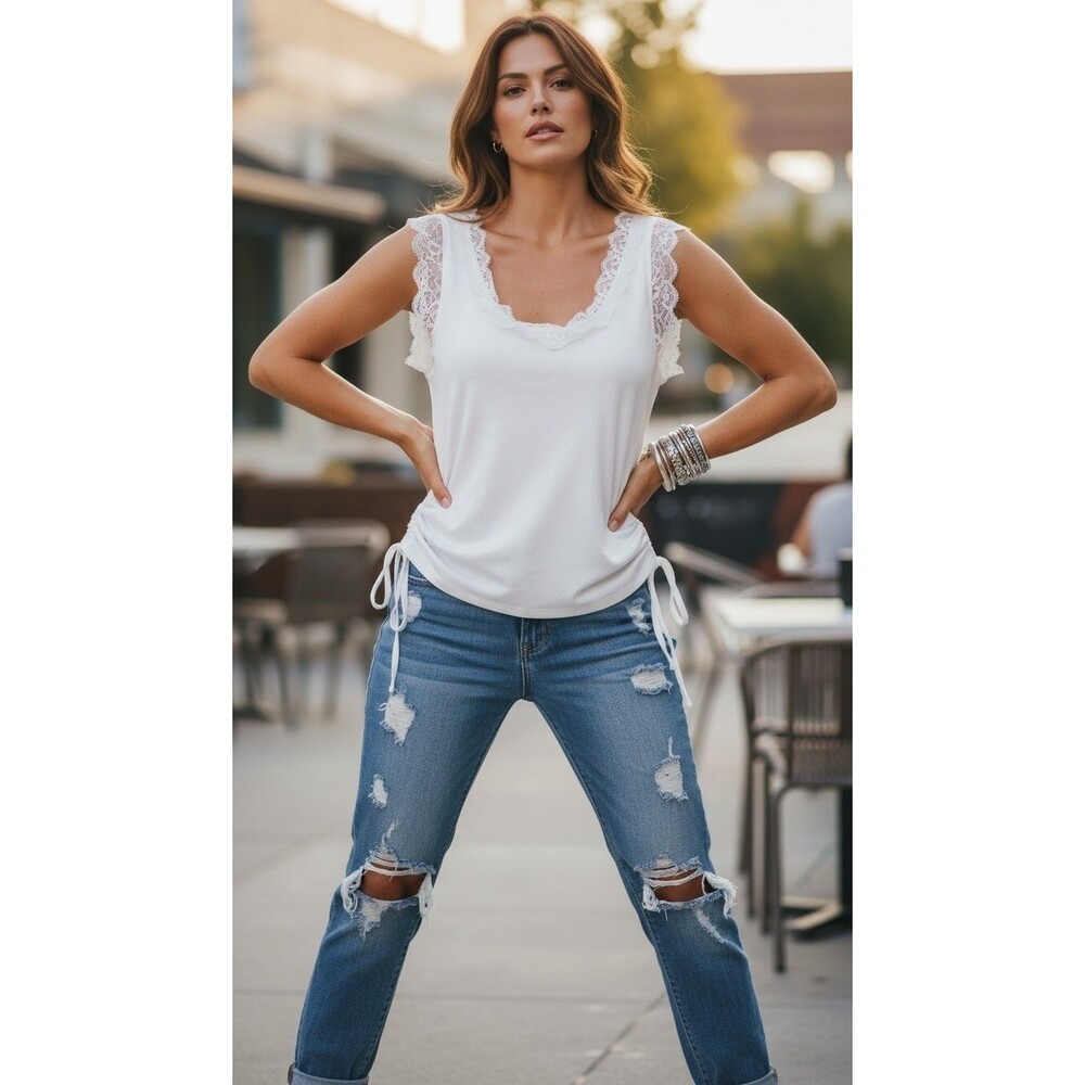 Y2K Womens White Ribbed Tank Top Ruched Drawstring Sleeveless Size Med NEW
